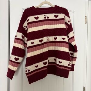 Heart Patterned Burgundy and Cream Sweater